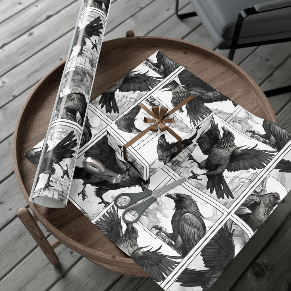 Black Raven Illustration Gift Wrap Paper | Gothic Crow Pattern, Holiday Wrapping