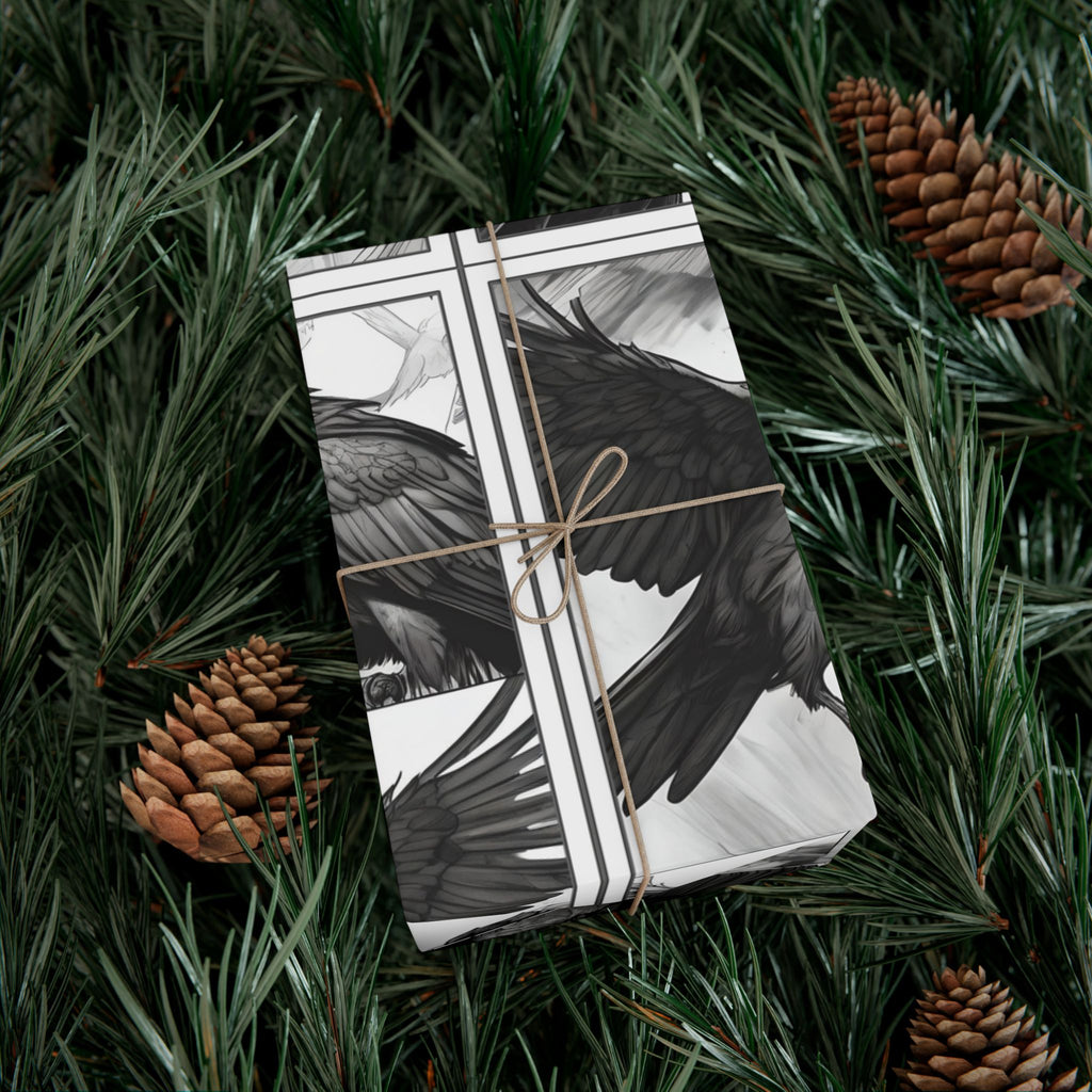 Black Raven Illustration Gift Wrap Paper | Gothic Crow Pattern, Holiday Wrapping