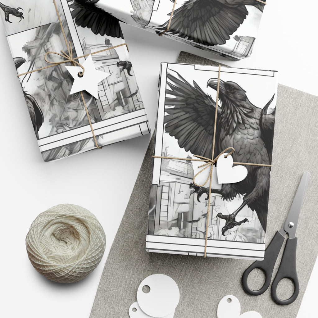 Black Raven Illustration Gift Wrap Paper | Gothic Crow Pattern, Holiday Wrapping