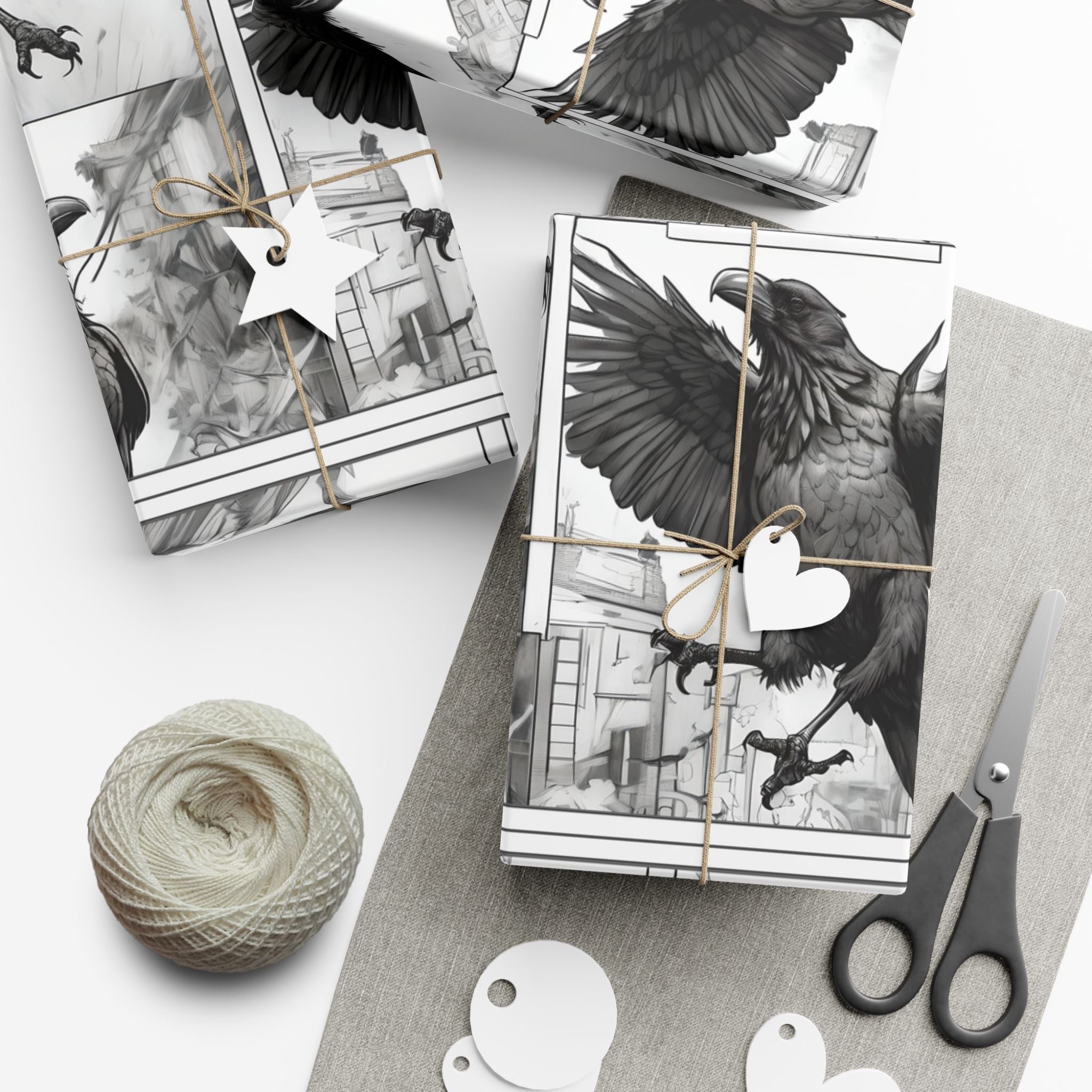 Black Raven Illustration Gift Wrap Paper | Gothic Crow Pattern, Holiday Wrapping